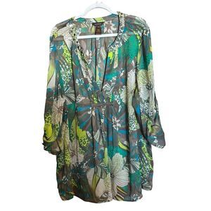 Multiples Tunic Top Womens 2X Multicolor Floral Artsy Flowy Tab Sleeve Blouse